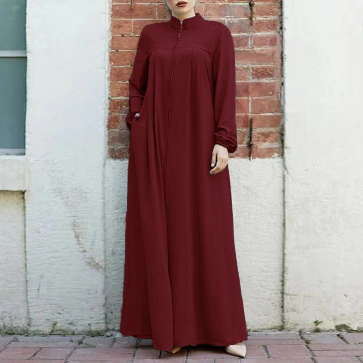 Cardigan long à col montant et fermeture éclair, avec poches | Abaya robe longue maxi modeste (MA155)