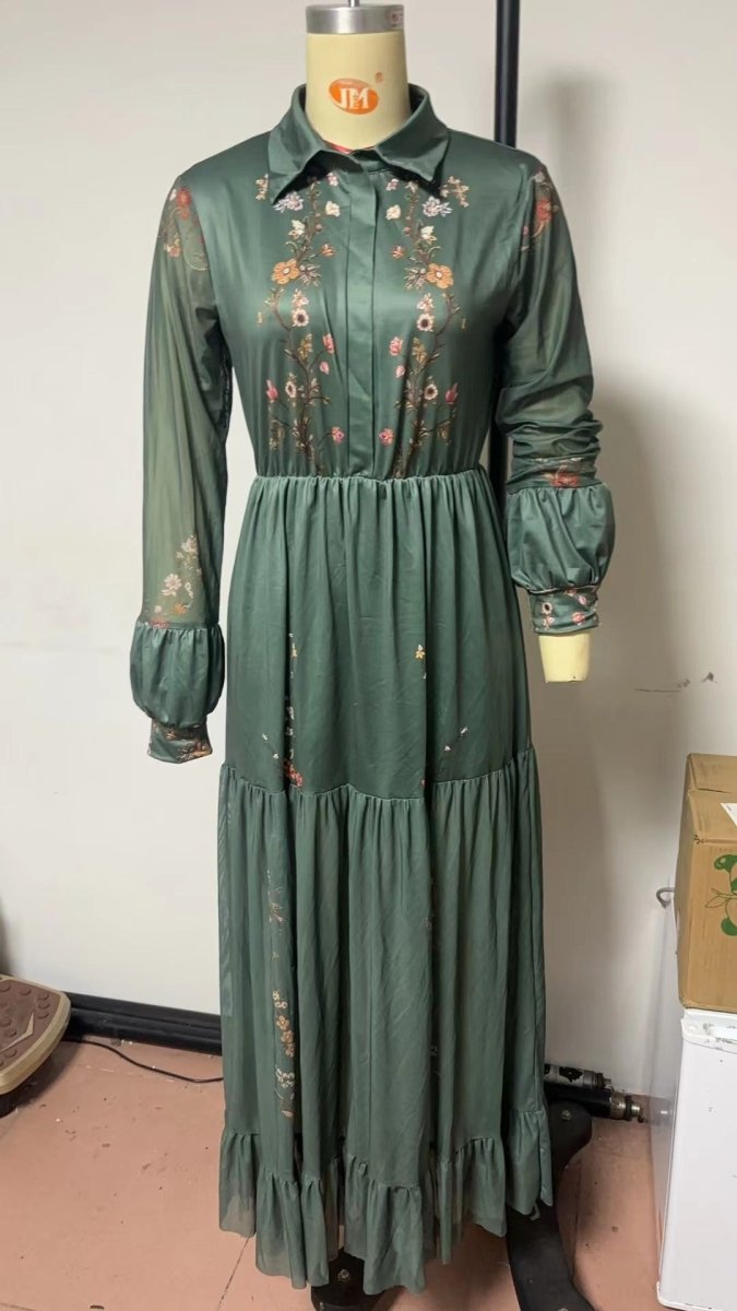 Robe Chemise Imprimée Fleurie | Abaya Gown Élégante à Col et Boutons (MA381)