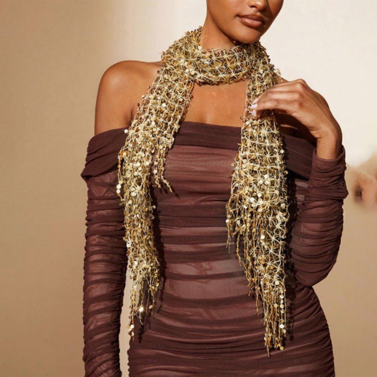 Hijab Châle en Mesh Pailleté avec Franges (MH206)