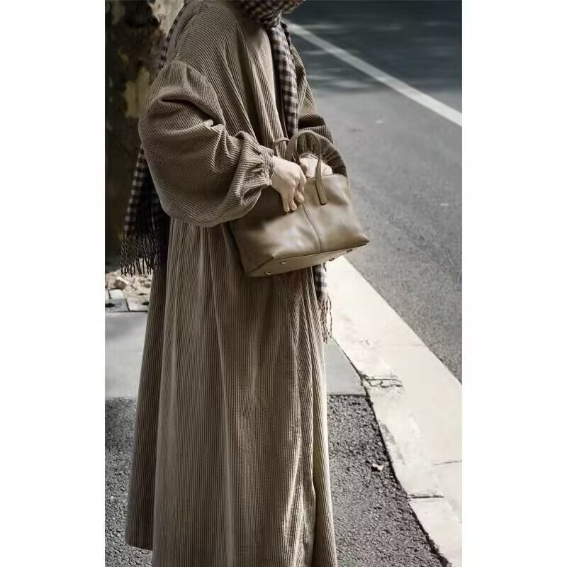 Robe Maxi en Velours Côtelé à Manches Bouffantes avec Poches | Robe d'Hiver Vintage en Velours Côtelé Doux (MS205)
