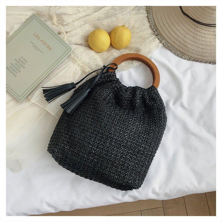 MAC132 Sac seau de plage en paille tendance, simple, avec pompon