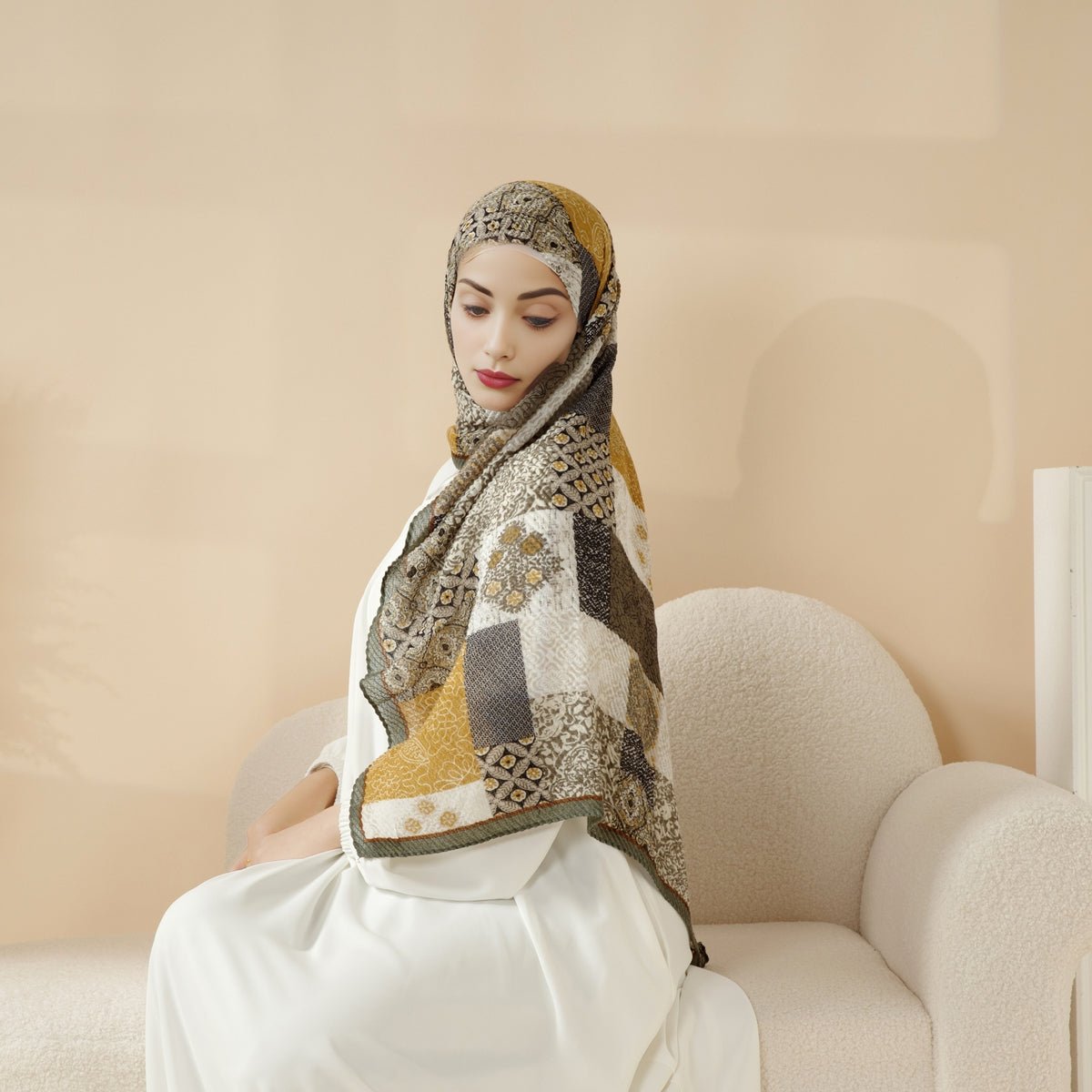 Châle plissé imprimé MH094 en mélange coton et lin