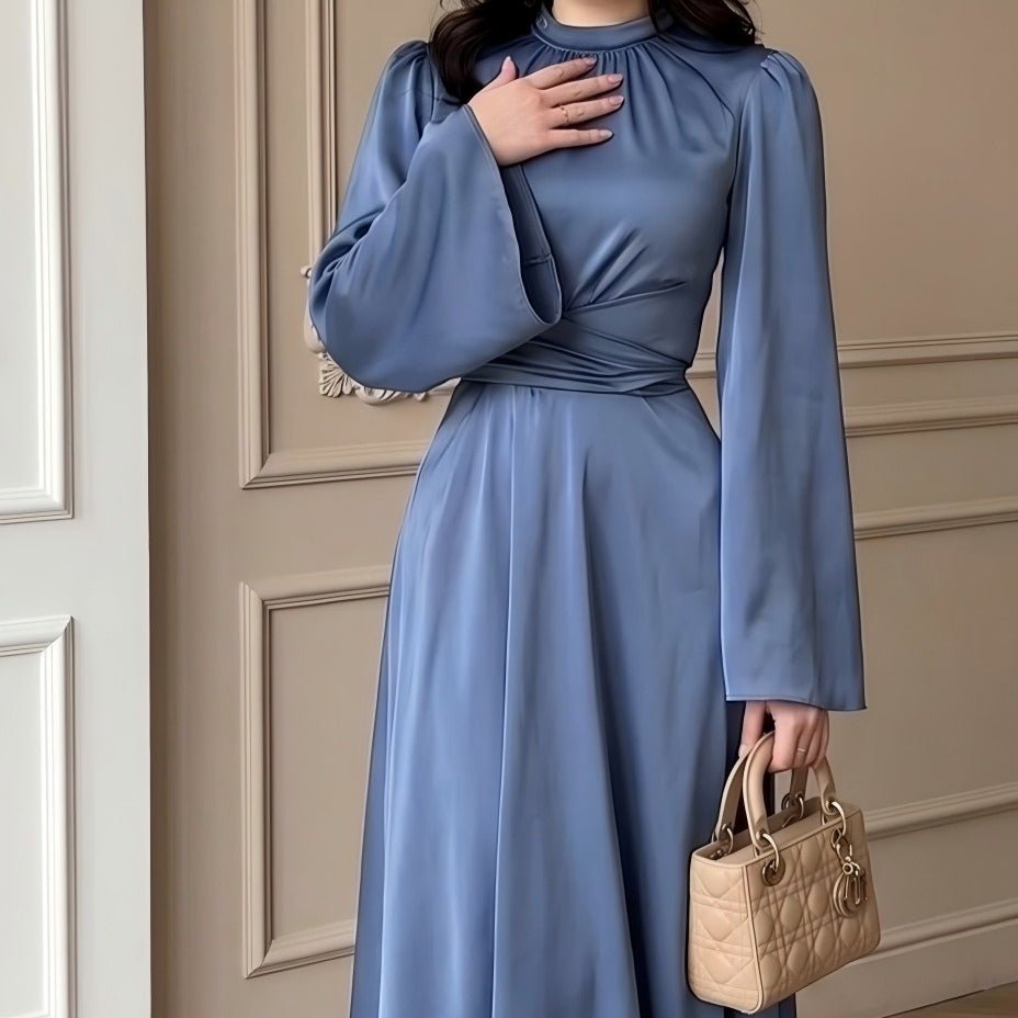 Robe Maxi en Satin à Col Croisé Drapé (MS445)