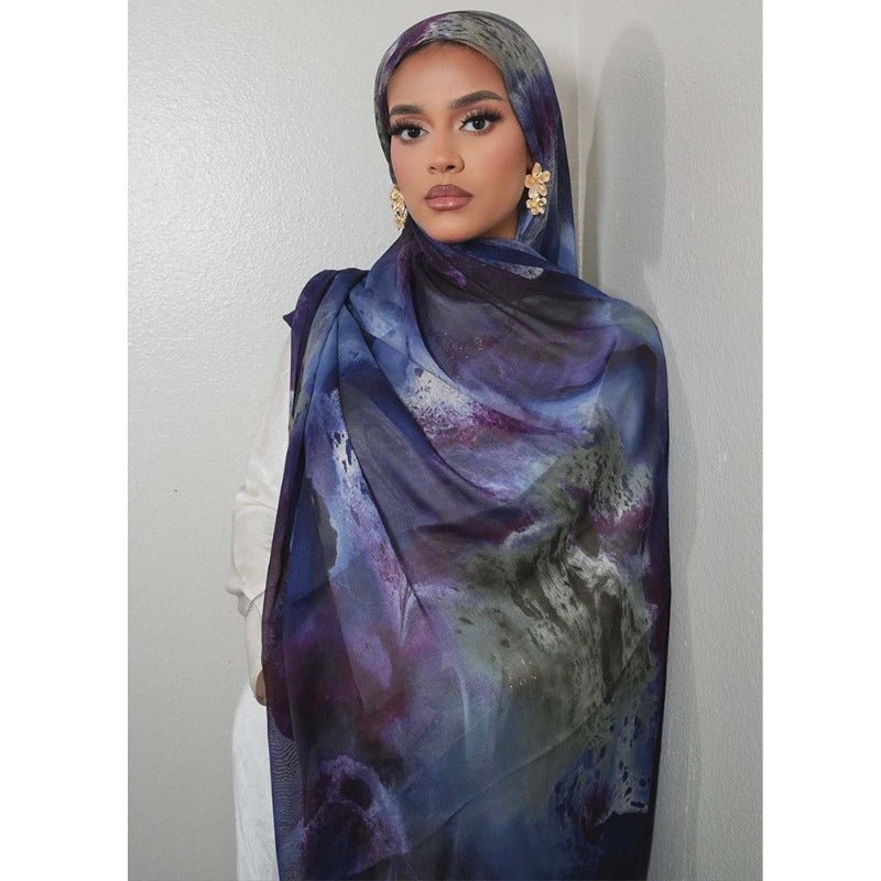 Foulard Hijab Imprimé Luxueux Aspect Soie | Grand Hijab Rectangulaire 180x85cm (MH146)