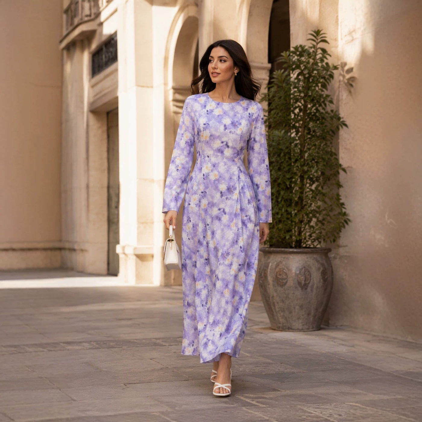 Robe Maxi à Manches Évasées Imprimé Floral Aquarelle (MS516)
