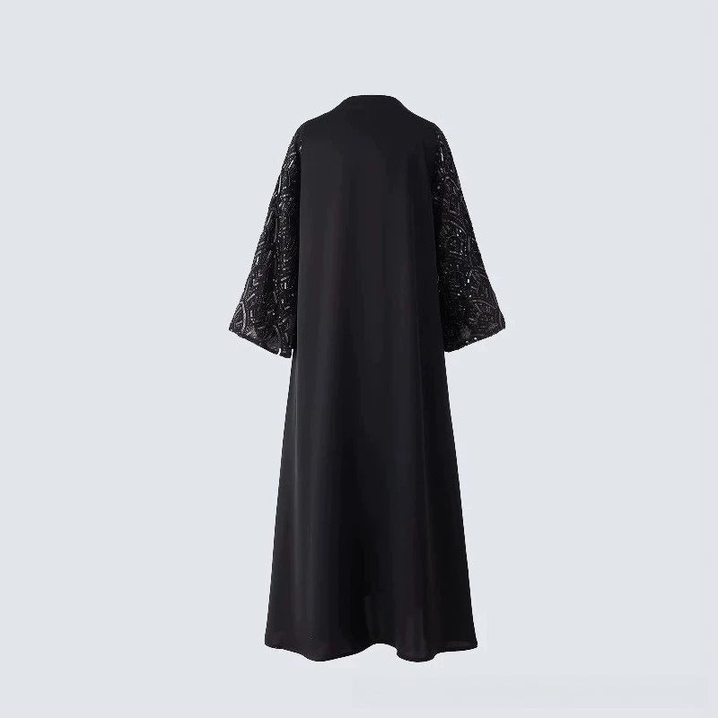 Abaya ouverte avec manches brodées de sequins et perles noires (MOA339)