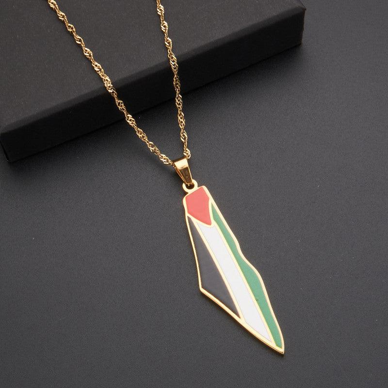 MAC100 Collier pendentif en acier inoxydable vintage, carte de la Palestine et motif keffieh