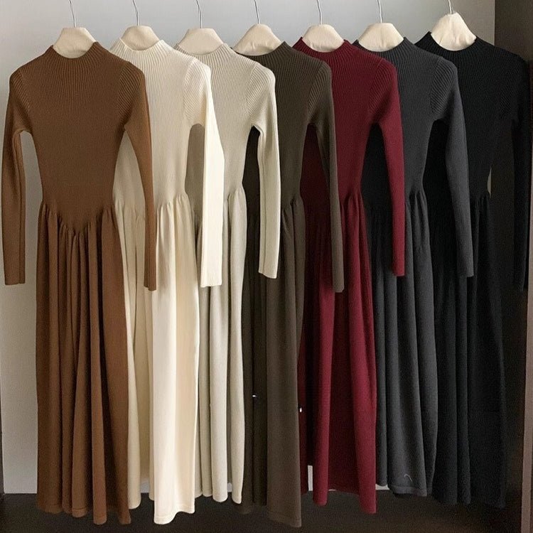 Robe Maxi en Tricot Côtelé Élégante | Robe Pull Col Montant Coupe Trapèze (MS173)