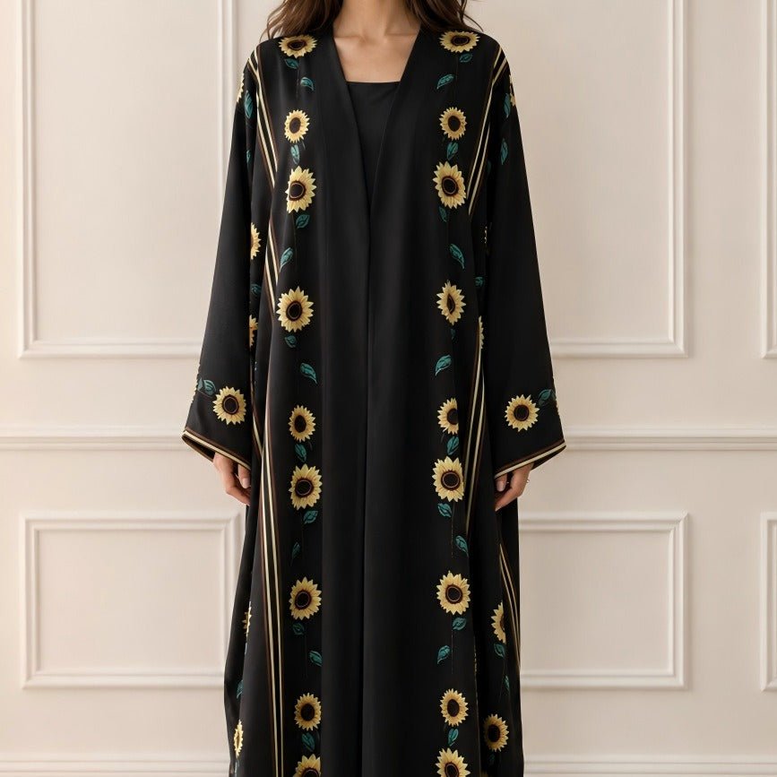 Abaya ouverte imprimé tournesol avec liseré doré (MOA338)