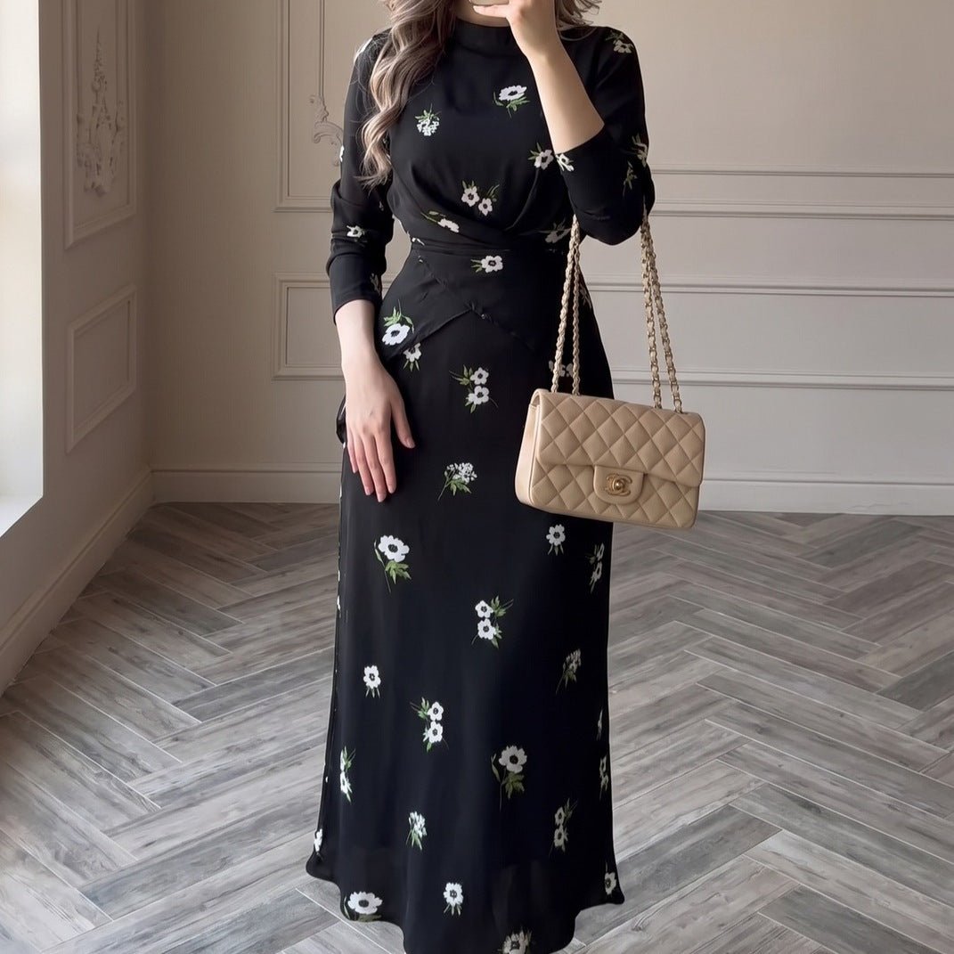 Robe midi imprimée fleurs avec nœud torsadé sur le devant (MS463)