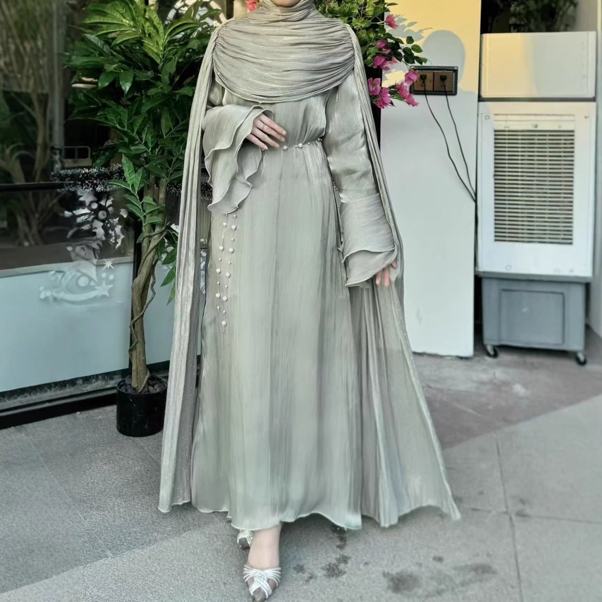 Robe Abaya Maxi à Manches Cape Plissées (MA430)