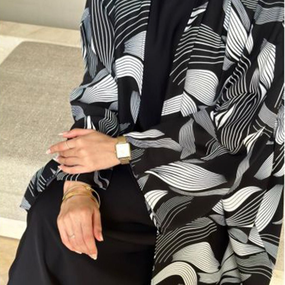 Kimono Abaya à imprimé vagues abstraites | Abaya cardigan oversize à ouverture frontale (MOA265)