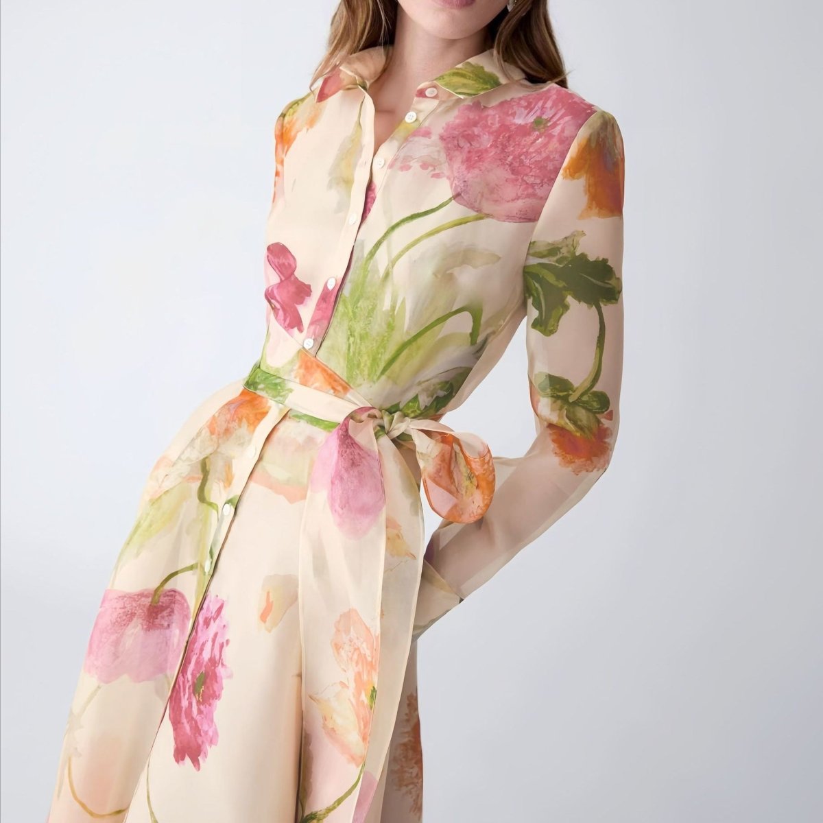 Robe Maxi Chemise Florale Aquarelle (MS414)