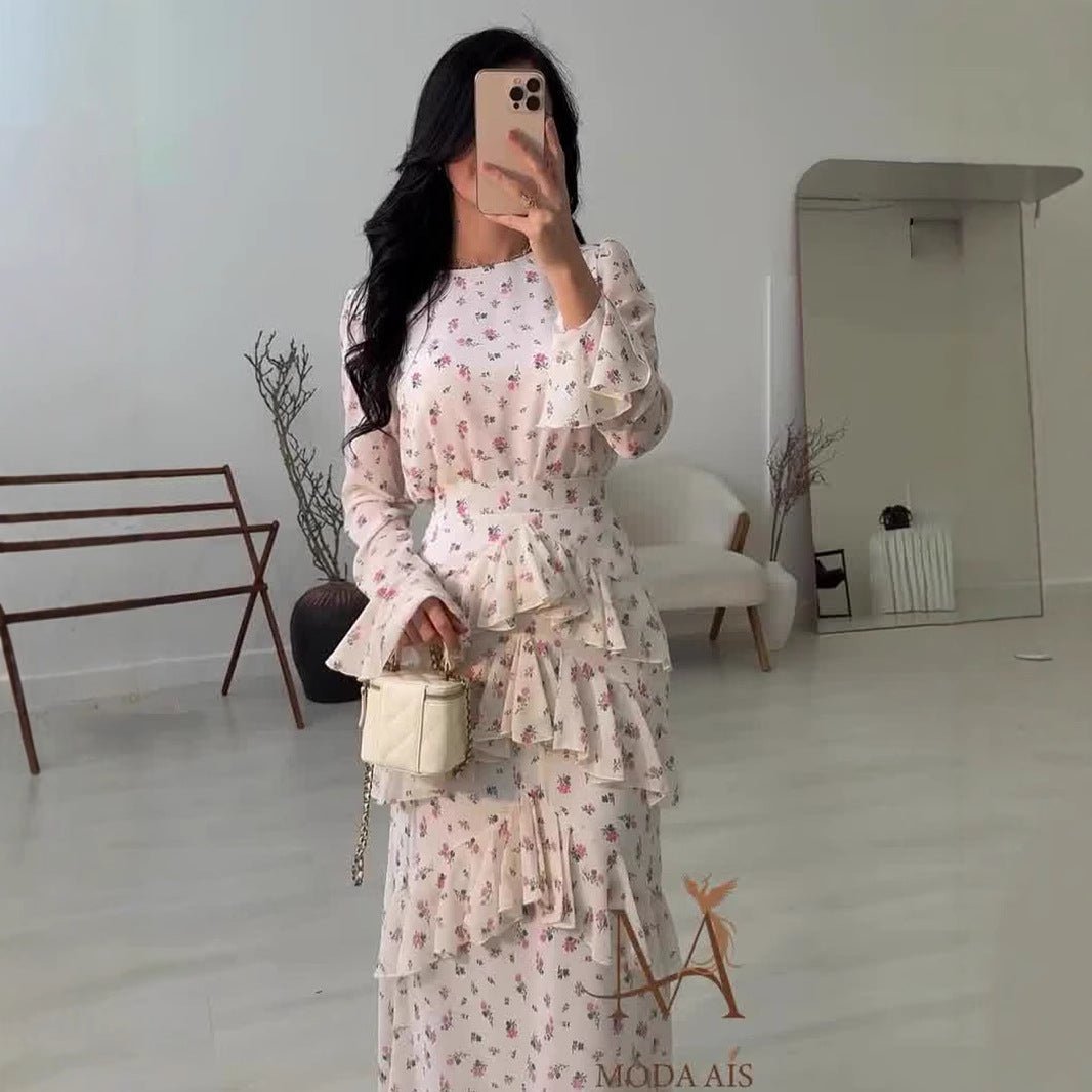 Robe Longue Élégante et Romantique en Mousseline Fleurie, Coupe Sirène à Volants et Manches Longues, Abaya Maxi (MA212)