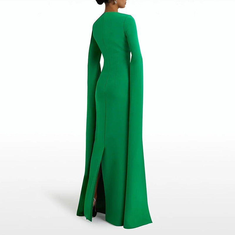 Robe de Soirée à Manches Cape | Robe Longue Ajustée à Encolure Festonnée avec Fente Dos (MS217)
