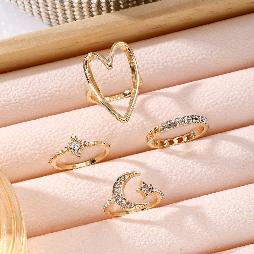 Bague Triangle Love Ajourée Étoile et Lune en Diamants Complets (MAC206)