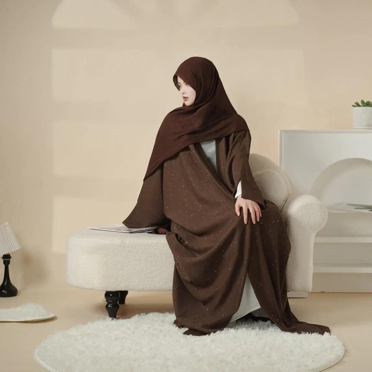 Abaya ouverte en tissu ondulé scintillant à manches larges fendues (MOA027)
