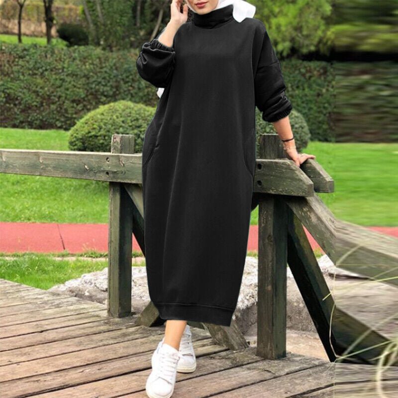 Robe Maxi Col Roulé Doublée Automne Hiver | Robe Sweat Décontractée avec Poignets Élastiqués (MS138)