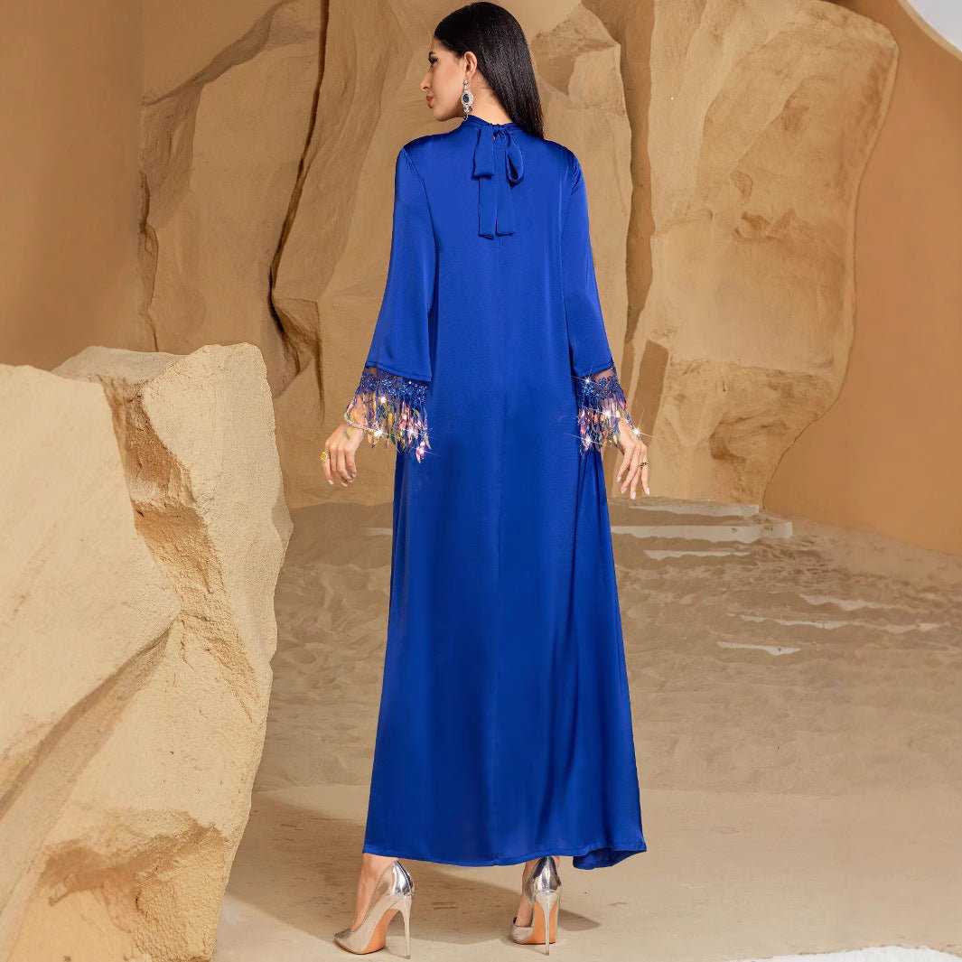 Robe Abaya longue élégante bleue | Abaya bleu dégradé à franges (MA184)