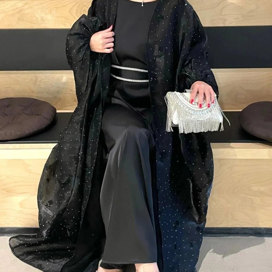 Abaya ouverte Organza Rose brodée de fleurs et papillons (MOA115)