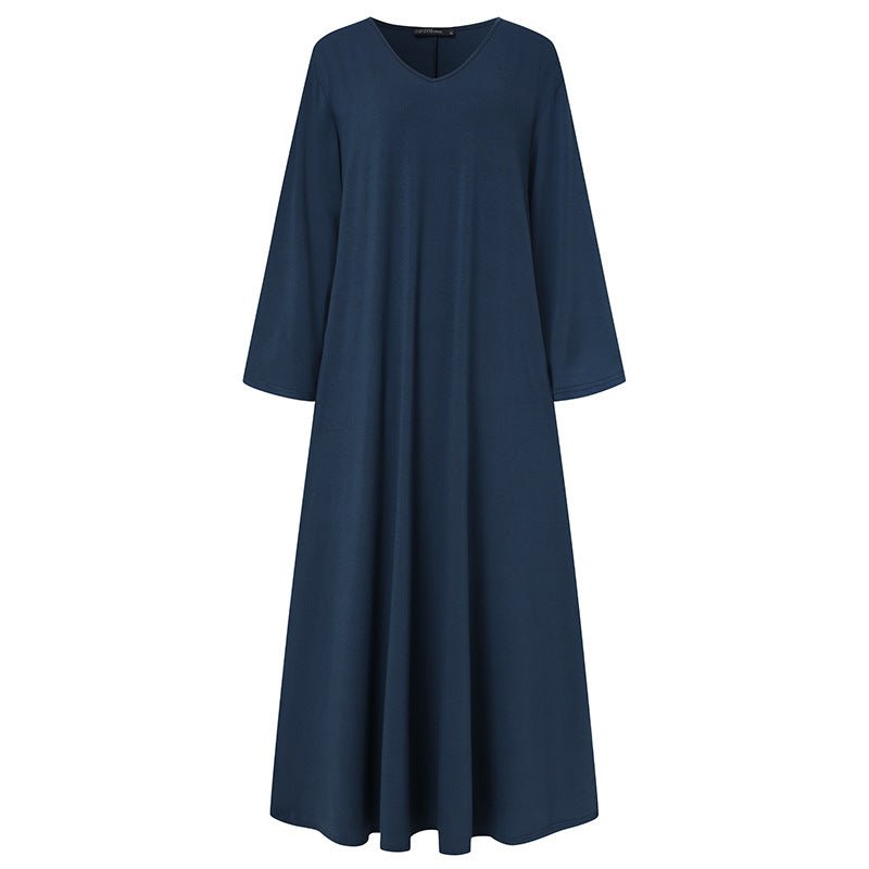 Robe Maxi Élégante à Col en V et Manches Longues | Robe Ample avec Poches Cachées(MA314)
