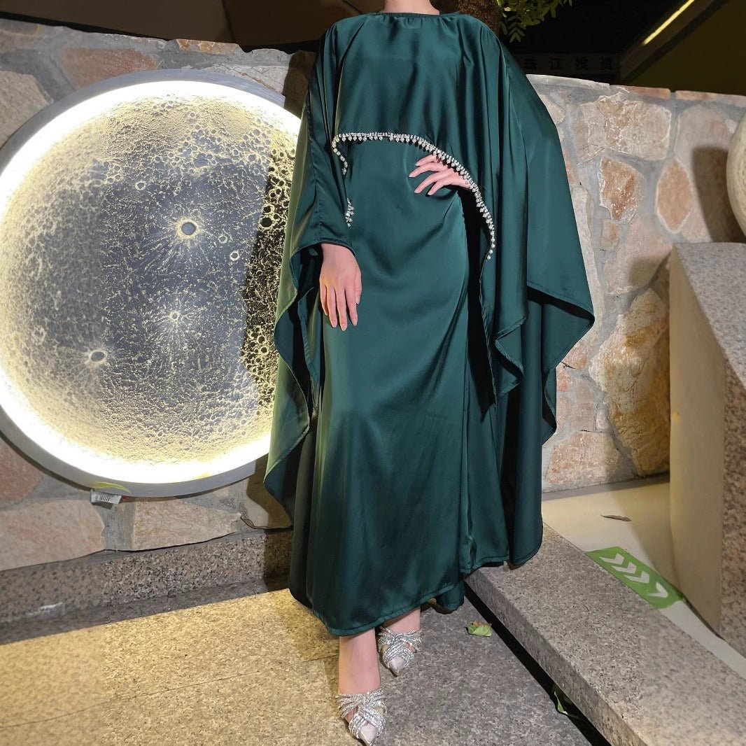 Abaya élégante en satin avec cape en strass | Robe de soirée modeste luxueuse (MA327)