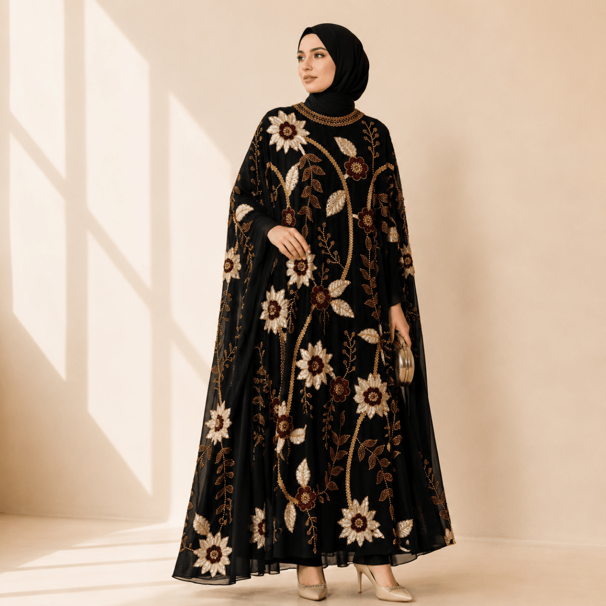 Abaya Floral aux Perles Brodées avec Manches Chauve-Souris Drapées(MA453)