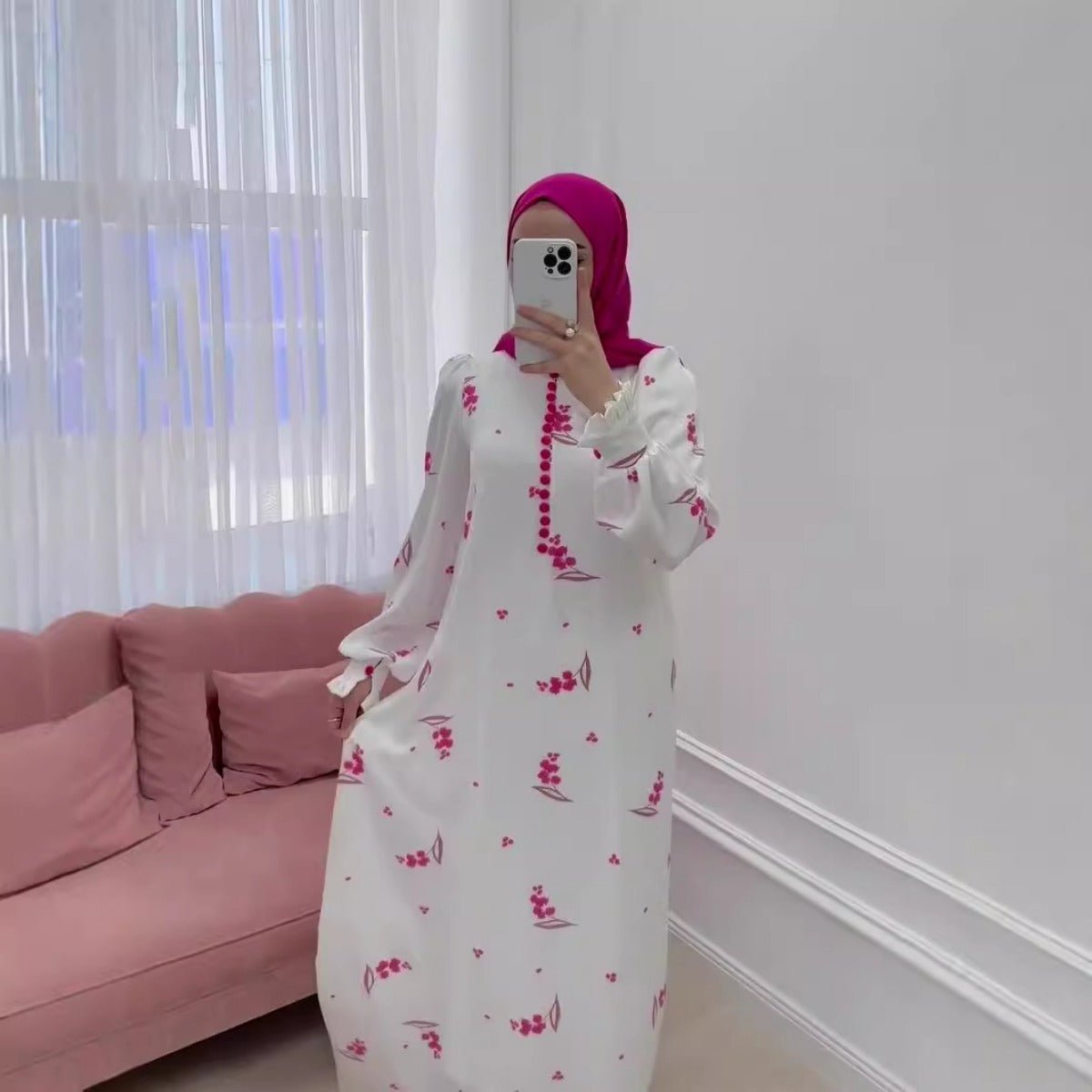 Robe Longue Élégante à Manches Volantées, Motif Floral Rose Romantique, Robe Modeste Abaya (MA227)