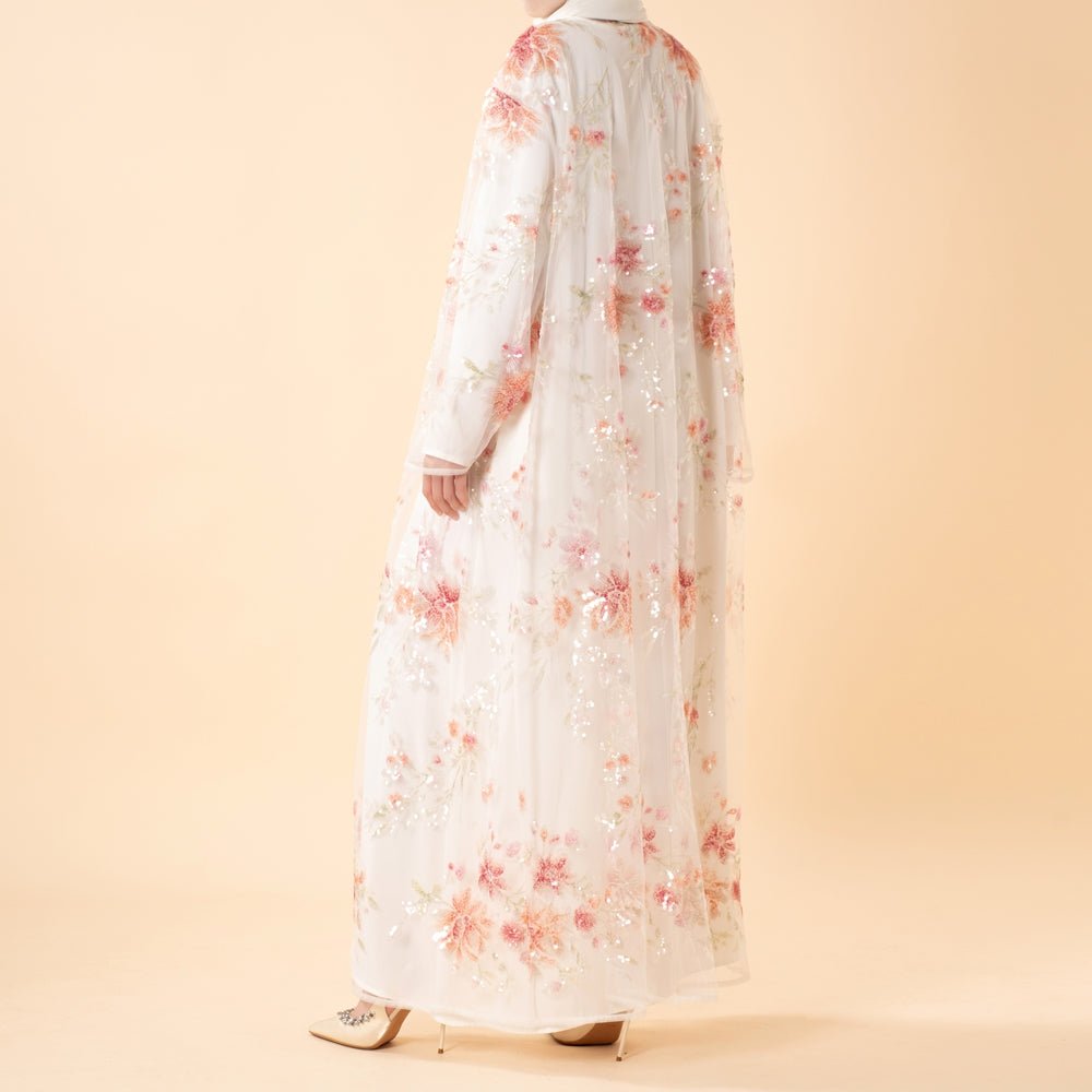 Abaya ouverte de luxe brodée de sequins floraux 3D pour mariages et l'Aïd (MOA306)