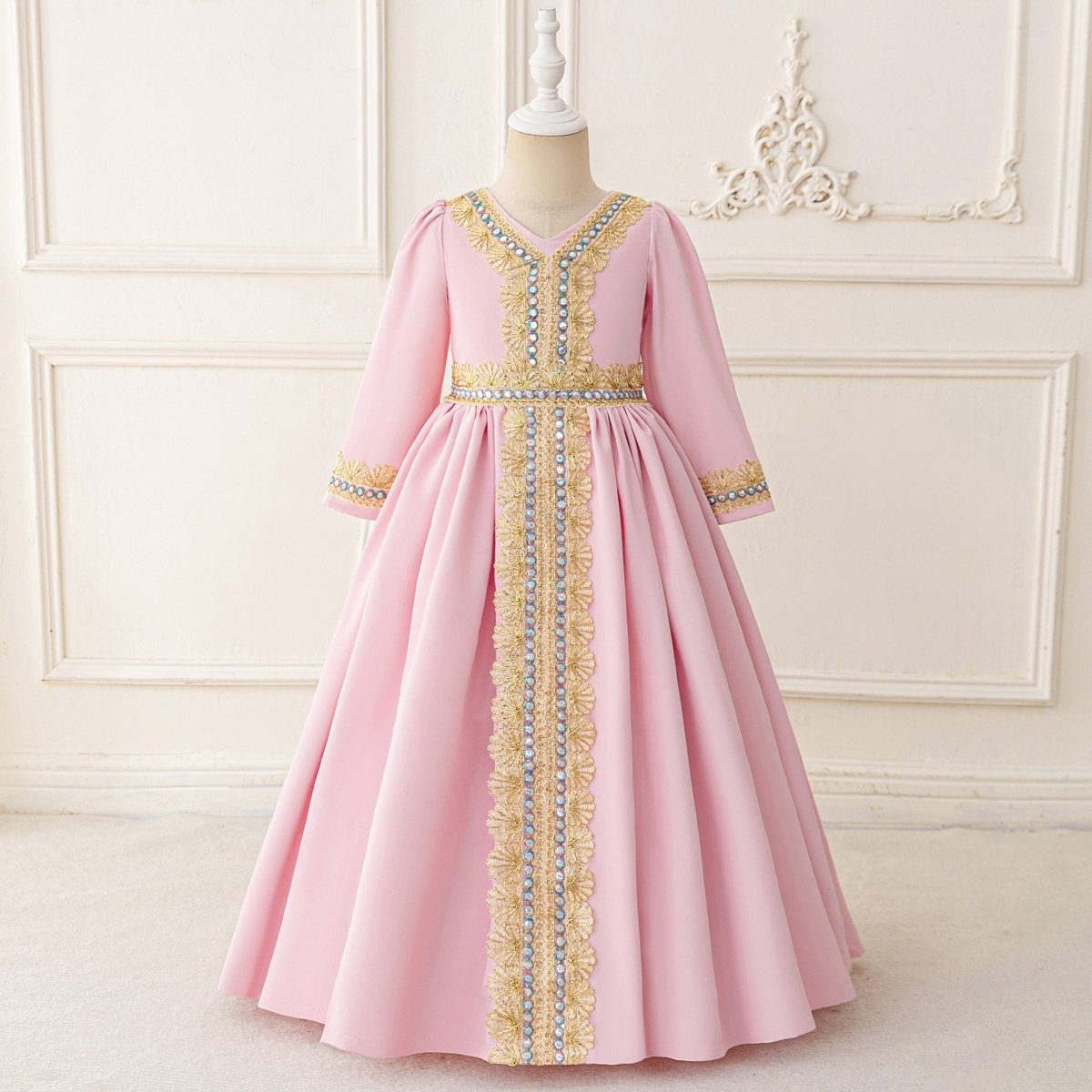 Robe Kaftan Brodée pour Filles avec Ceinture Ornée de Bijoux (MKG021)