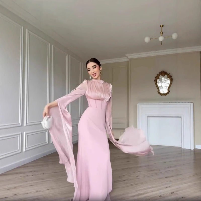 Robe Abaya élégante en satin de soie à manches amples | Robe longue modeste taille haute avec détail de bretelle dos (MA295)