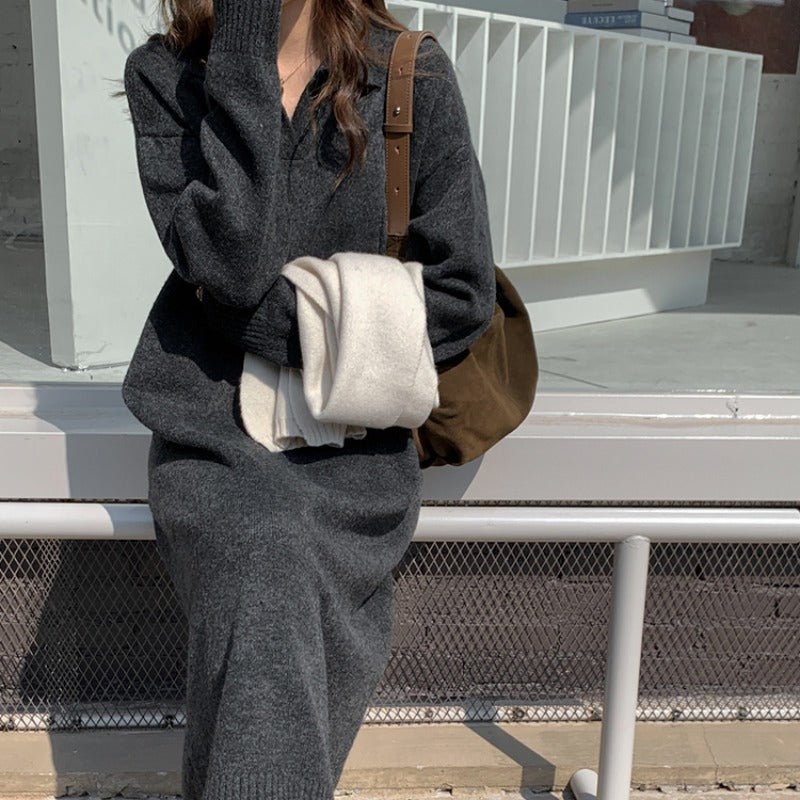 Robe Maxi en Tricot Col Polo Style Décontracté | Robe Base Pull Épais (MS157)