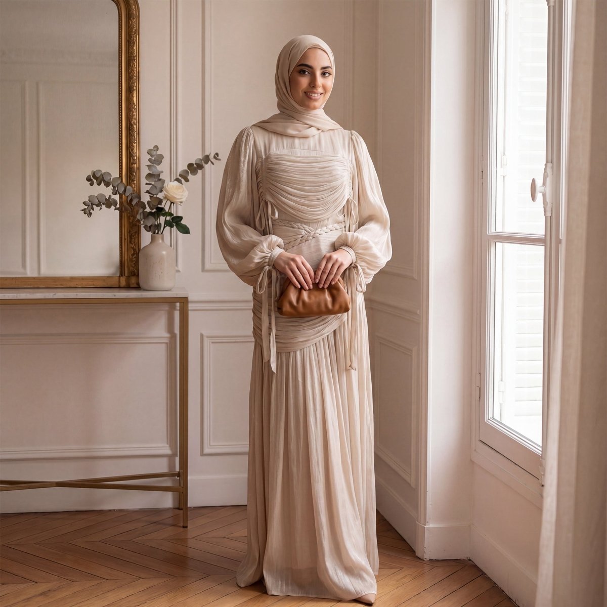 Robe Maxi à Col Tressé, Fronces et Franges (MS406)