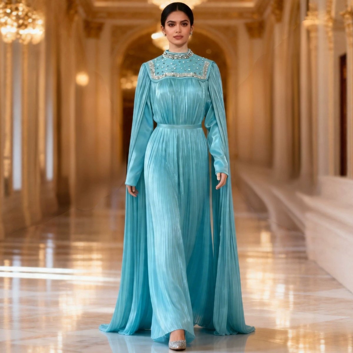Robe longue plissée en mousseline perlée de perles et cristaux (MA441)