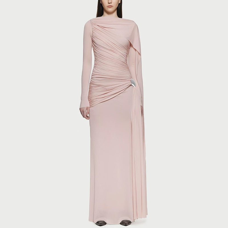 Robe Longue Cape Drapée en Diagonale | Robe Maxi Asymétrique à Manches Longues Drapées (MS222)