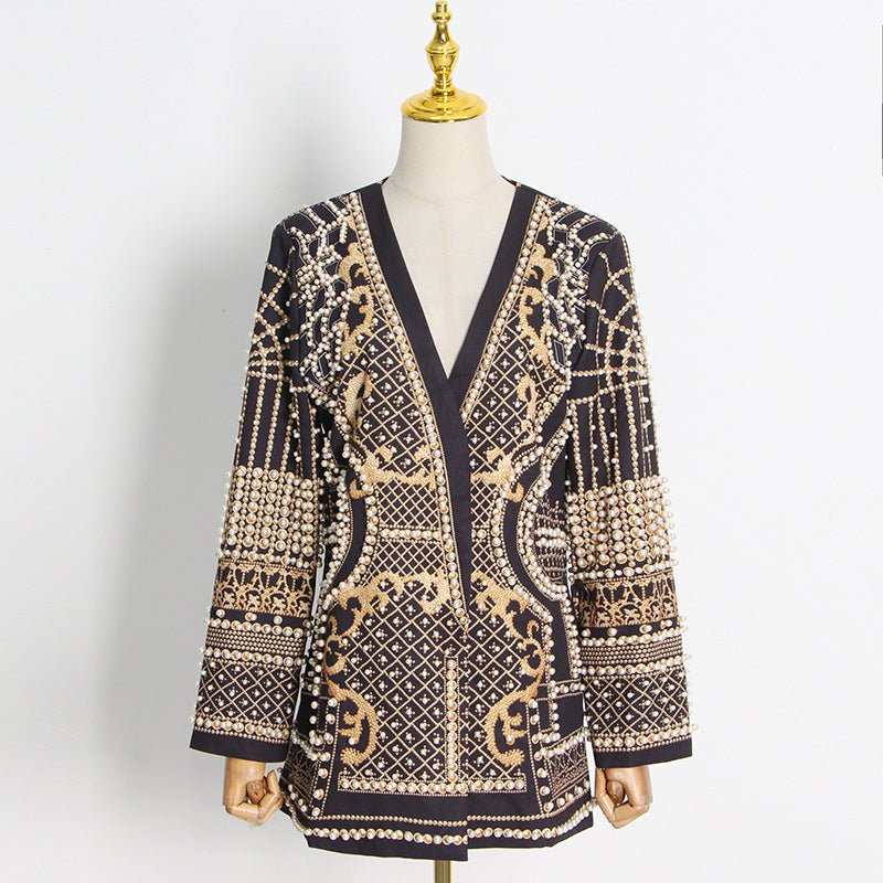 Blazer Vintage Orné de Perles et Perles de Rocaille | Veste de Luxe à Imprimé Géométrique (MS218)