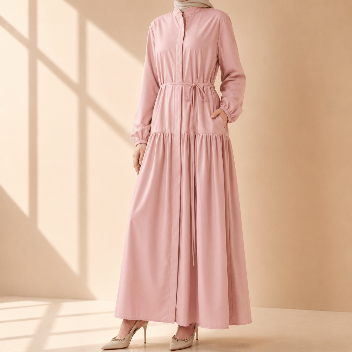 Robe Abaya Maxi Trench Cintrée en Ligne A avec Poches (MA422)