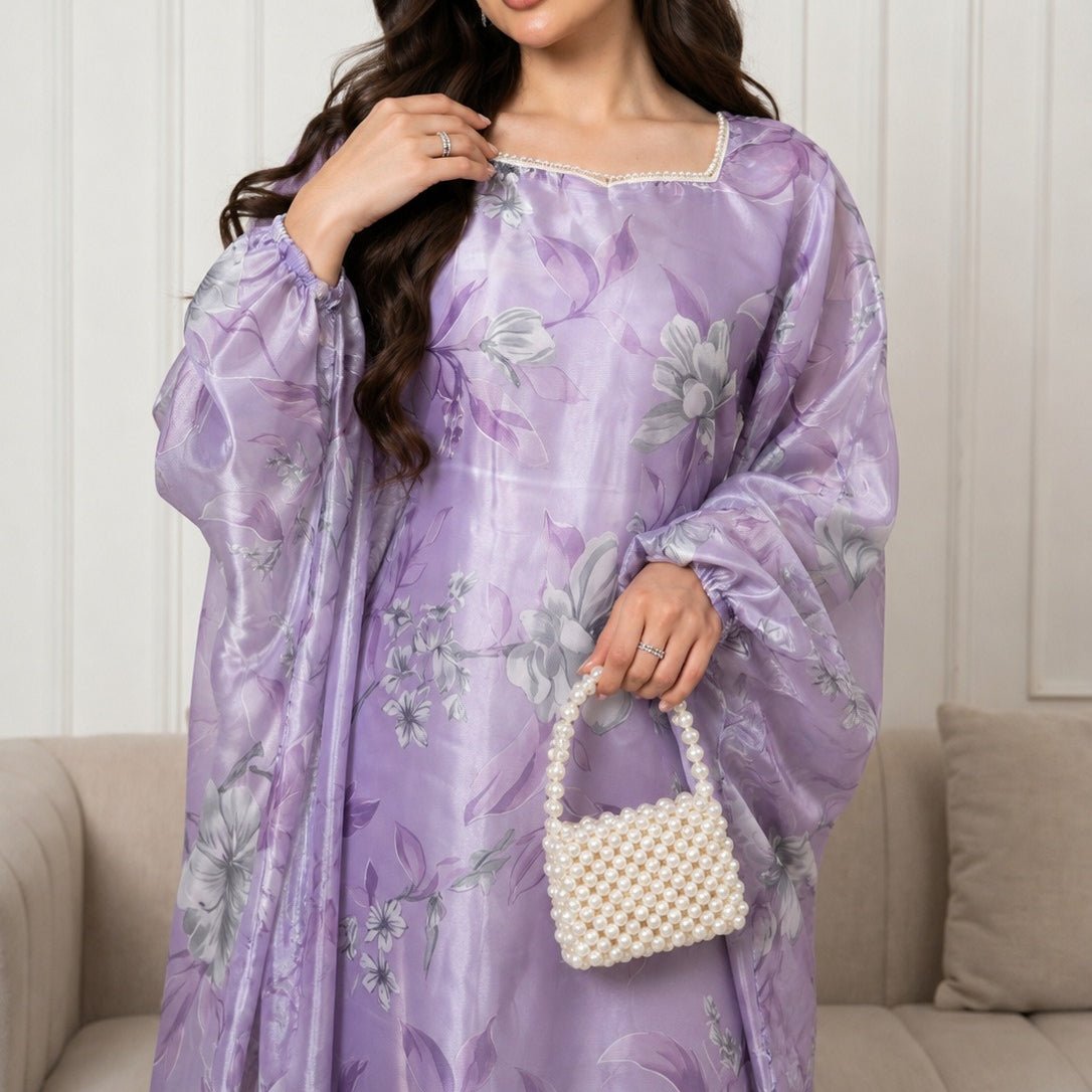 Robe Maxi Effet Organza Imprimé Floral avec Encolure Carrée Perlée (MA457)