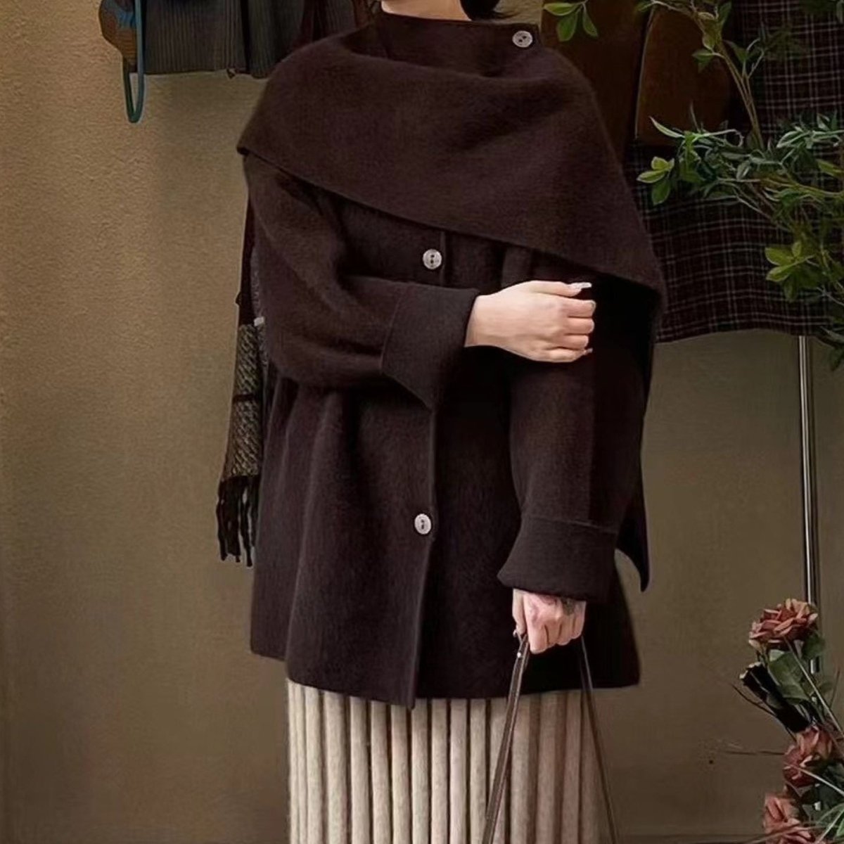 Manteau en mélange de laine à col cape | Veste d'hiver mi-longue à boutonnage devant (MS191)