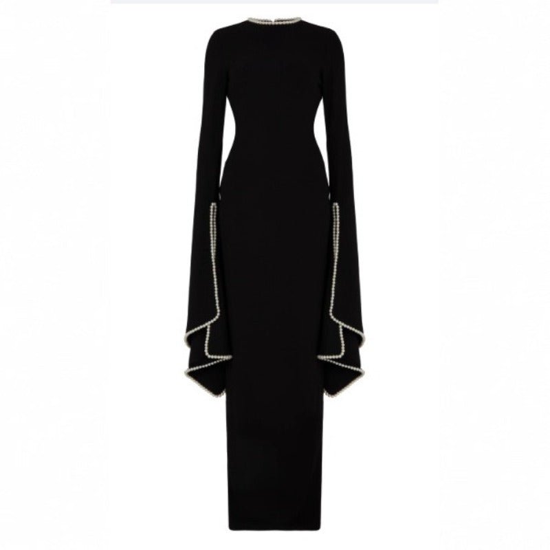 Robe de Soirée Maxi Cintrée à Manches Cape Ornées de Perles | Robe Noire (MA355)