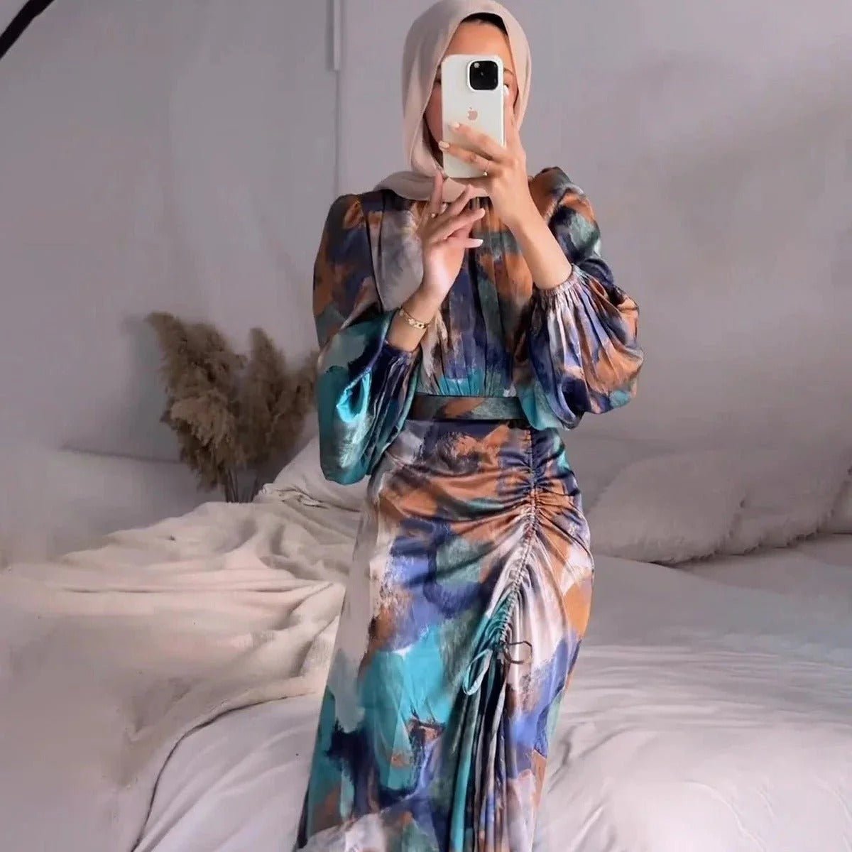 Abaya à Manches Cloche Plissées à Imprimé Exotique (MA166)