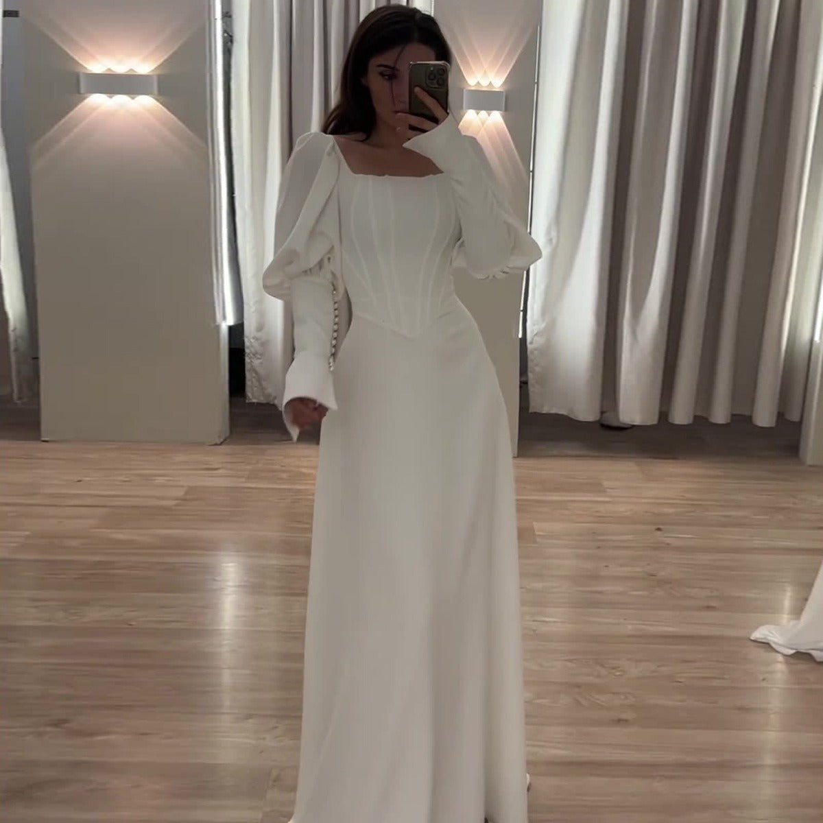 Élégante robe abaya modeste à col carré, manches longues bouffantes, blanche (MA228)