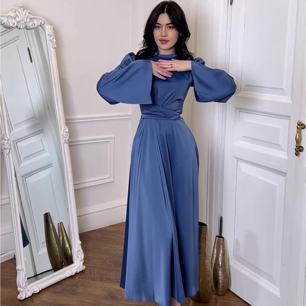 Robe Abaya de Soirée Princesse en Satin Intemporelle, Cintrée à la Taille (MA205)