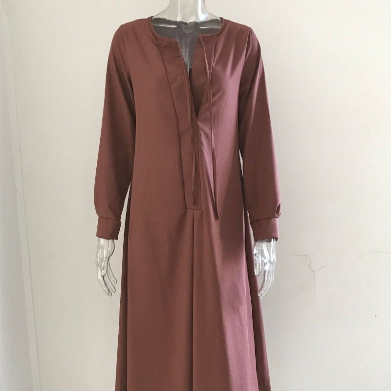 Robe Maxi Élégante à Col en V avec Cordon de Serrage | Tenue Modeste Contemporaine (MS121)