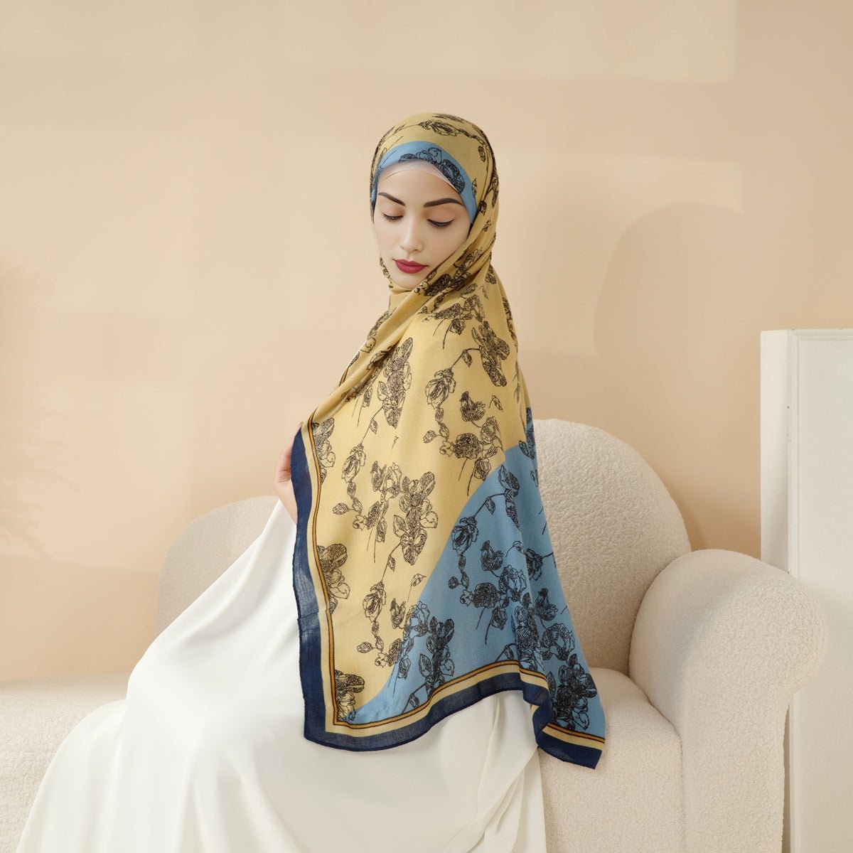 MH095 Châle en coton et lin mélangés à motifs floraux naturels et géométriques color-block imprimés