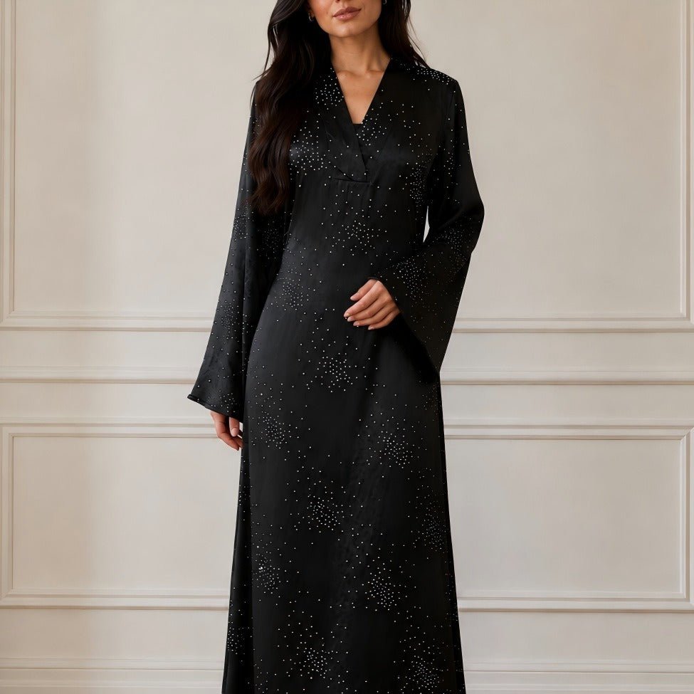 Robe Maxi Galaxy Rhinestone Encolure V Manches Évasées (MS518)