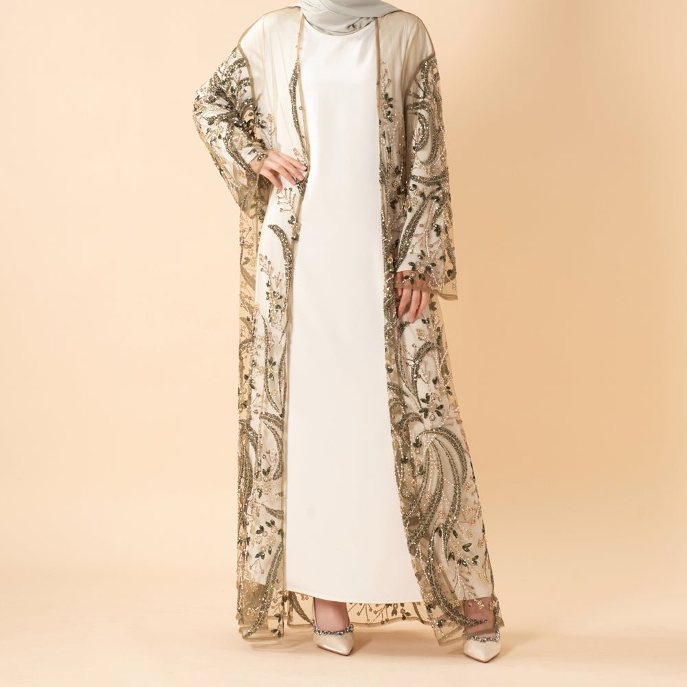 Abaya Ouverte de Luxe Ornée de Perles et de Paillettes Brodées pour Eid & Mariage (MOA305)