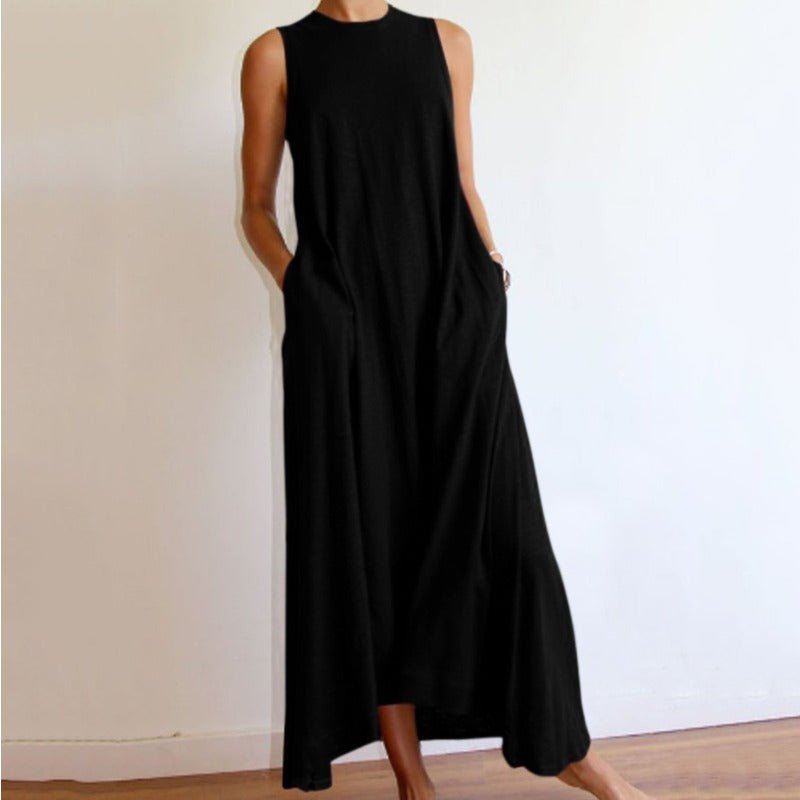Robe Maxi en Soie sans Manches avec Poches | Robe Maxi en Soie Coupe A-Line sans Manches (MS189)