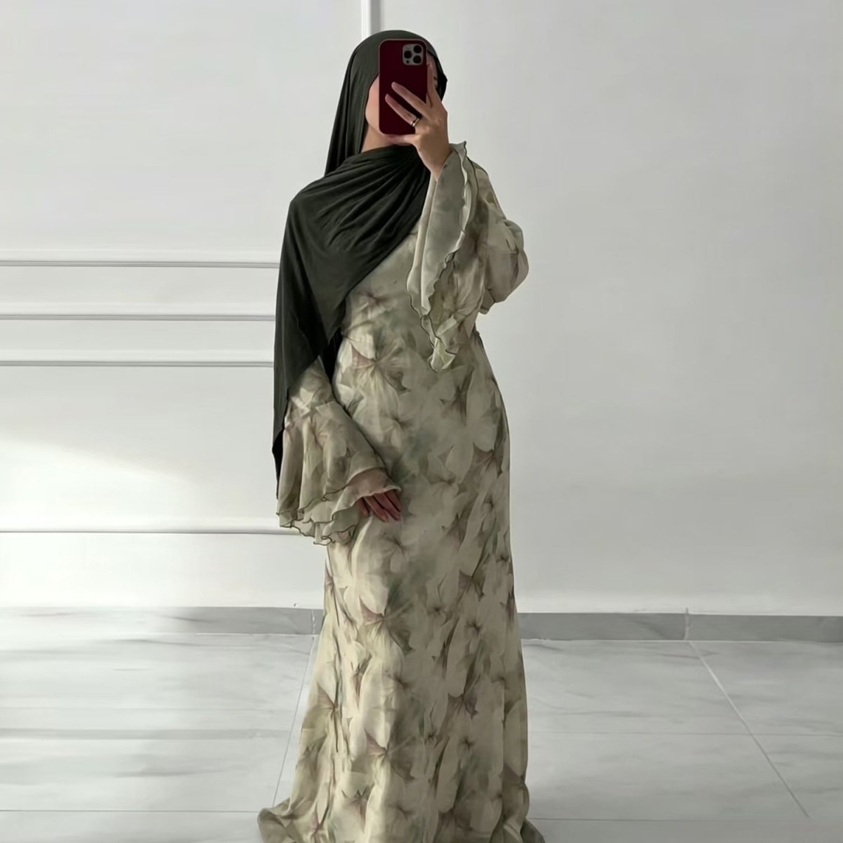 Robe maxi imprimée aquarelle à double couche et manches évasées (MS479)