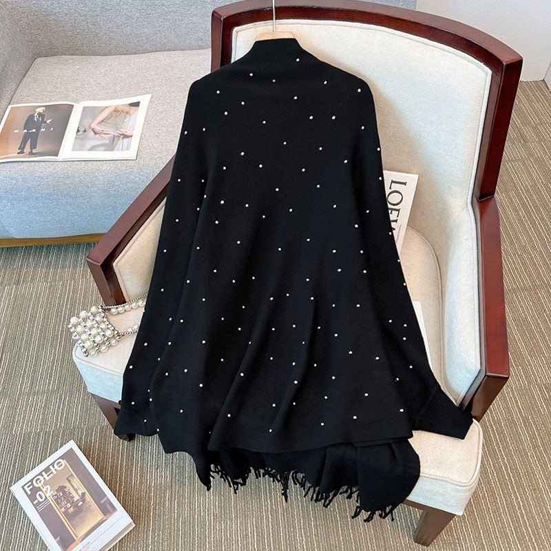 Cardigan Cape Orné de Diamants | Pull Châle en Maille avec Bordure à Franges (MS211)